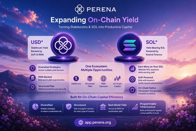 A promotional graphic for Perena, an on-chain yield platform that turns stablecoins and SOL into productive capital, featuring USD and SOL yield products.