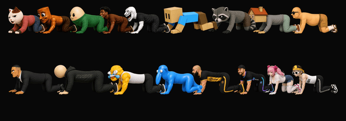 A collage showing two rows of plush character toys or figurines in various poses on a black background.