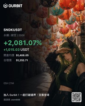 Ourbit exchange promotional graphic featuring an anime character, showing SNDKUSDT perpetual contract at $1,408.05 with a +2,081.07% gain and 200x leverage, accompanied by Chinese text and a referral code 'zvm666'.