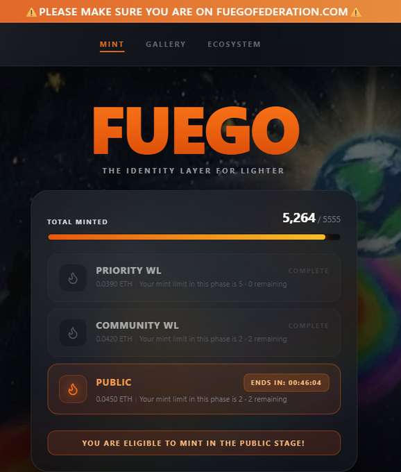 The image displays the Fuego NFT mint page on fuegofederation.com, showing that 5,264 of 5,555 NFTs have been minted with approximately 46 minutes remaining in the public mint phase at 0.0450 ETH. This aligns with the post's mention of 291 Fuegos remaining and about 45 minutes left in the mint, while highlighting the active public mint stage where the poster was eligible to participate.