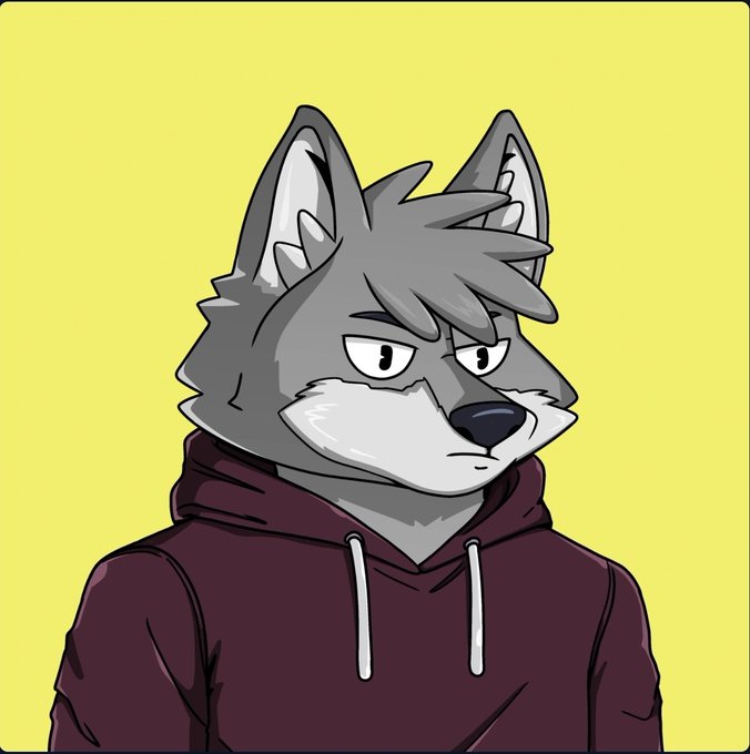 The image features a cartoon wolf wearing a hoodie with a purple color. The wolf has an angry expression on its face as if it's shouting or growling at someone. The background of the image is yellow, which contrasts with the gray fur of the wolf and makes it stand out even more. The caption below the image reads: "Shoutout to everyone in the $PACK community pushing the volume today! Seeing dominate as one of the top dApps on Cronos is great to see what consistent building can achieve."