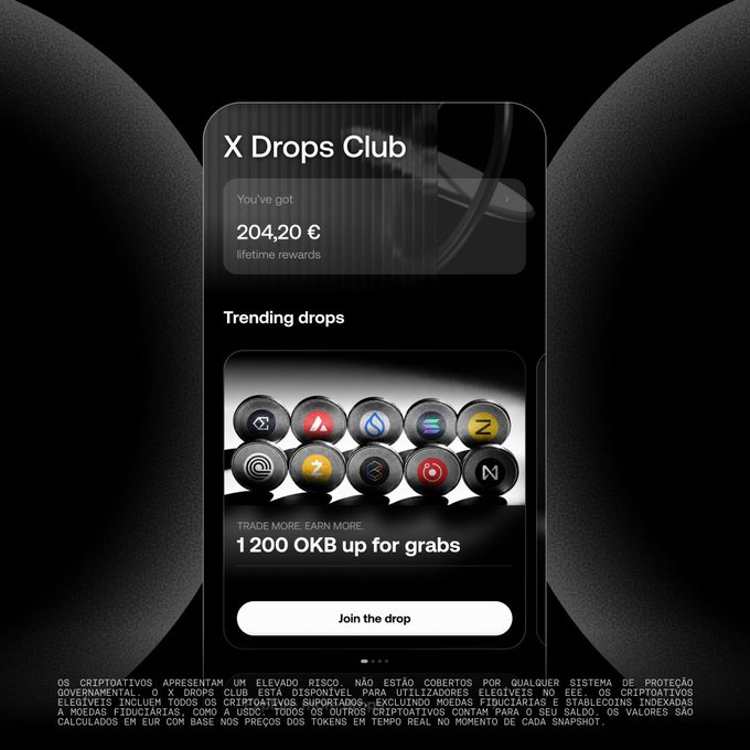 A smartphone mockup displaying the 'X Drops Club' app, showing '204,20 €' in lifetime rewards and 'Trending drops' with various cryptocurrency logos, including text in Portuguese at the bottom.