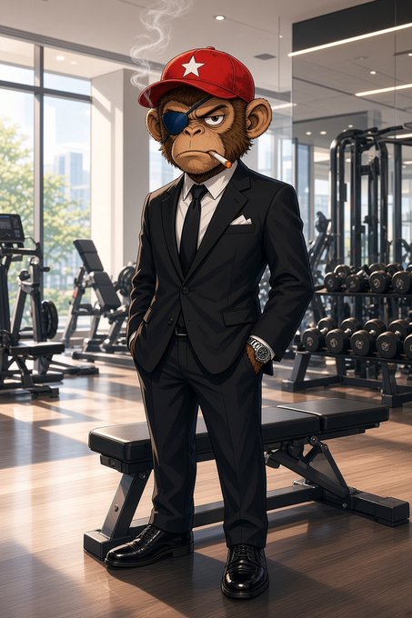 A digital illustration of a cartoon monkey wearing a black suit, tie, an eyepatch, and a red star cap, smoking a cigarette while standing in a modern gym with weights and equipment in the background.