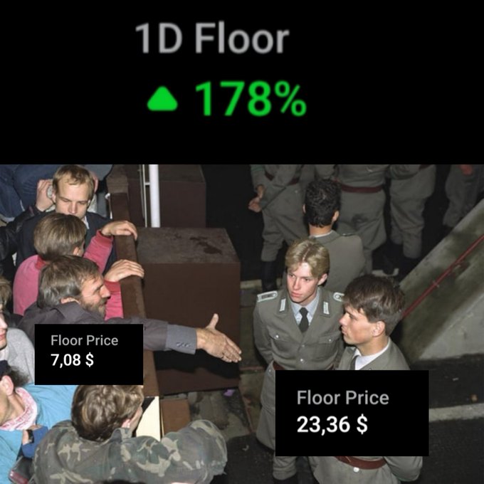 A meme image showing the Berlin Wall falling with people crossing a border, overlaid with crypto floor price data showing '1D Floor ▲178%', comparing 'Floor Price 7,08 $' vs 'Floor Price 23,36 $'.