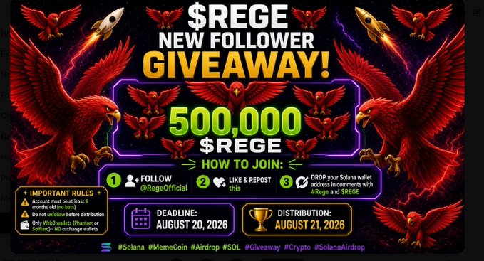 A flashy promotional graphic for a '$REGE NEW FOLLOWER GIVEAWAY!' of 500,000 $REGE tokens, with red eagle/phoenix illustrations on a purple background, instructions to follow @RegeOfficial, like & repost, and drop the Solana wallet, with rules specifying a deadline of August 20, 2026 and distribution on August 21, 2026.