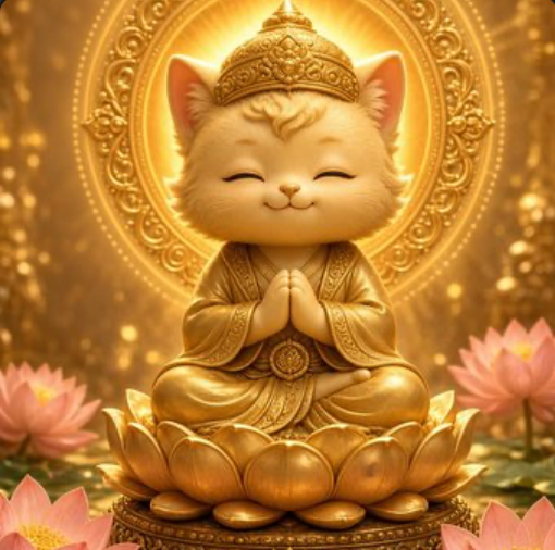 A golden Buddha statue in the form of a cute cat with closed eyes and prayer hands, sitting on a lotus flower with pink lotus blossoms around it.