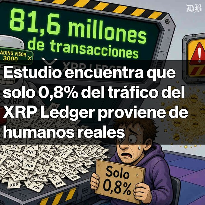 A cartoon-style crypto news graphic showing a digital display reading "81.6 millones de transacciones" with a worried man holding a sign saying "Solo 0,8%". The Spanish headline reads: "Estudio encuentra que solo 0,8% del tráfico del XRP Ledger proviene de humanos reales".