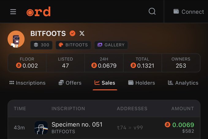 A cryptocurrency trading interface showing BITFOOTS NFT collection statistics and a recent sale of 'Specimen no. 051' for 0.0069 BTC.