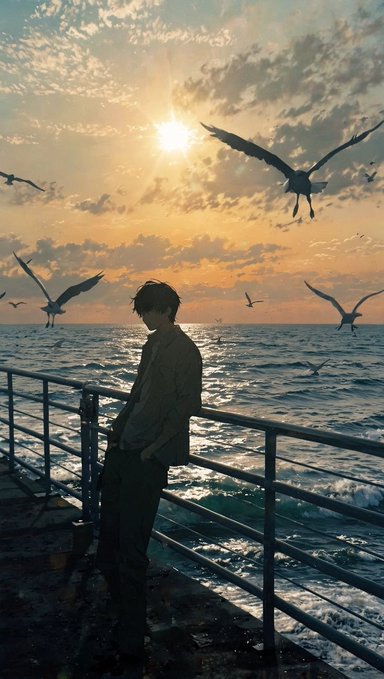 A silhouetted young man leans against a pier railing overlooking a golden sunset over the ocean, with seagulls soaring through the hazy sky above the waves. The solitary, contemplative figure against the vast seascape mirrors the post's theme of beginning a personal "grind" journey—a moment of quiet resolve before taking on the challenge ahead.