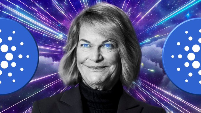 A black-and-white portrait of a woman with shoulder-length hair wearing a black turtleneck, flanked by two blue Cardano (ADA) logo circles against a vibrant purple and blue cosmic background with light streaks.