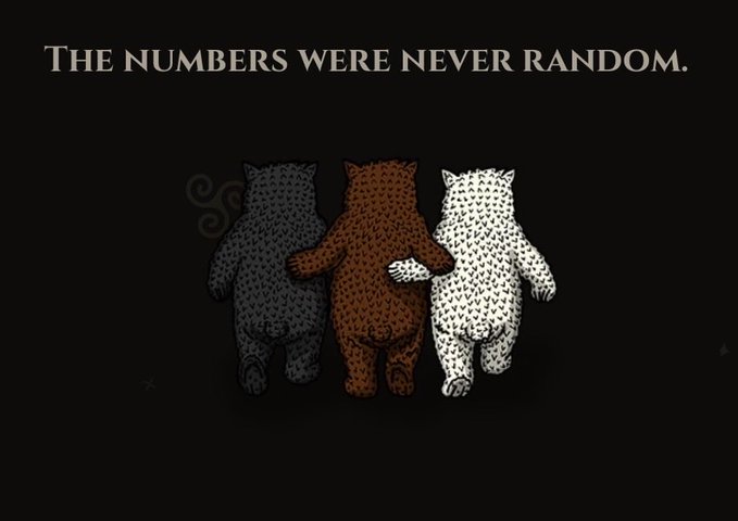 A graphic illustration of three spotted big cats (gray, brown, and white leopards/cheetahs) walking away with their arms around each other, beneath the text 'THE NUMBERS WERE NEVER RANDOM.' on a black background.