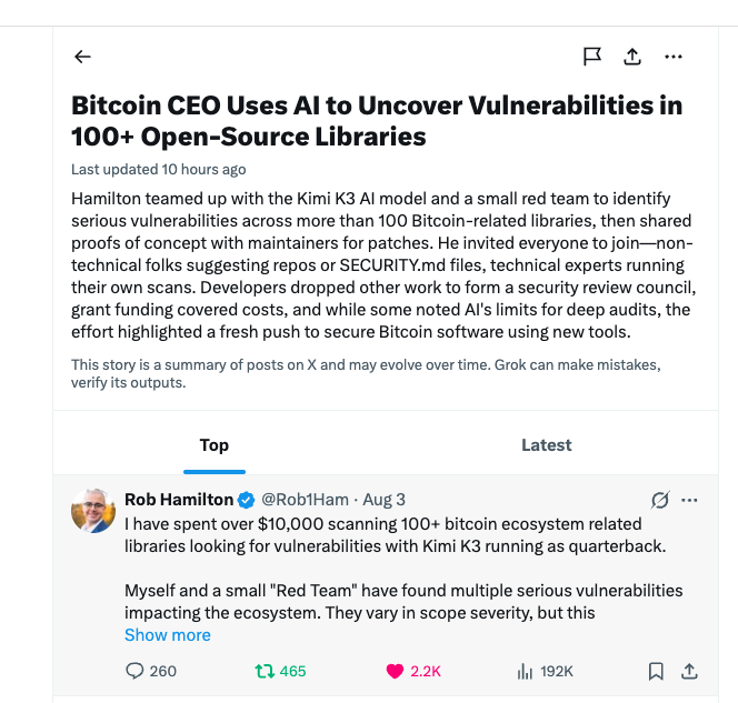 A screenshot of a news article titled 'Bitcoin CEO Uses AI to Uncover Vulnerabilities in 100+ Open-Source Libraries' highlighting Rob Hamilton's use of the Kimi K3 AI model to scan bitcoin ecosystem libraries.