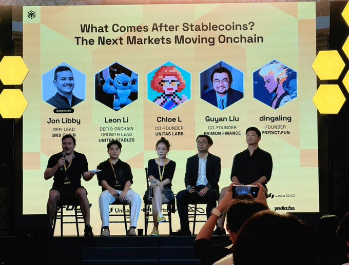 A panel discussion at a crypto/blockchain event titled 'What Comes After Stablecoins? The Next Markets Moving Onchain,' featuring speakers Jon Libby (DeFi Lead, BNB Chain), Leon Li (DeFi & Onchain Growth Lead, United Stables), Chloe L (Co-founder, United Labs), Guyan Liu (Co-founder, Paimon Finance), and dingaling (Founder, Predict.Fun).