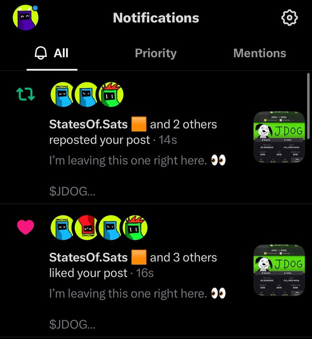 A mobile app notifications screen showing reposts and likes from users "StatesOf.Sats" and others on a post titled "I'm leaving this one right here. 👀" with a preview labeled "JJ DOG".
