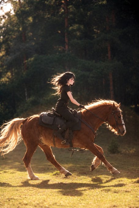 An anime-style illustration of a girl with long dark hair riding a brown horse at a gallop through a sunlit grassy field bordered by a dark forest.