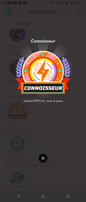 A mobile achievement screen displays a 'CONNOISSEUR' badge noting the user 'Joined STEPN for over 4 years' alongside other claimed NFT-style achievements.