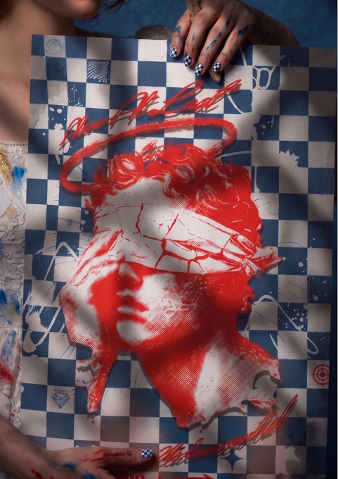 The image does not provide information about the inscription "ALONE AT LAST" or "a silent collapse hidden behind a fractured blindfold," apart from depicting an artistic rendition of a head emitting red liquid. These phrases may be sharing descriptive elements of the image not depicted otherwise.