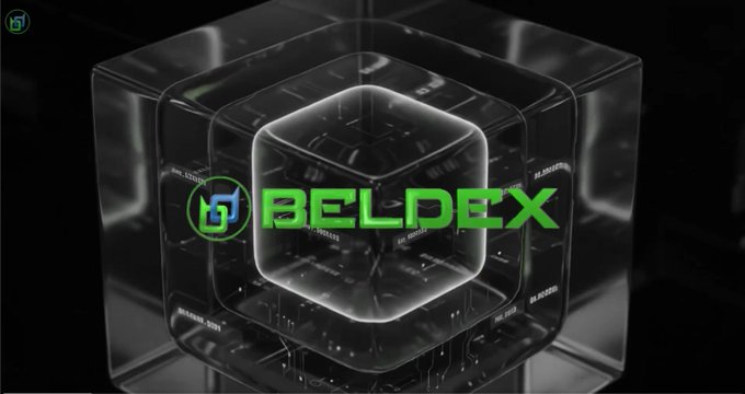 A promotional graphic for Beldex featuring a stylized 3D glass cube with the green Beldex logo and cryptocurrency-related background imagery.