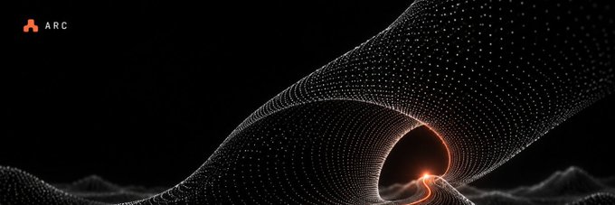 The ARC logo is displayed in the upper-left corner against a dark background featuring an abstract, flowing wave of white dots with a glowing orange accent.