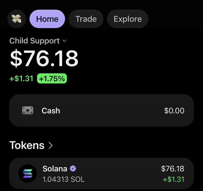 The image shows a crypto wallet's "Home" tab displaying a "Child Support" account holding 1.04313 SOL valued at $76.18, up $1.31 (+1.75%) for the day, fitting the post's reference to owning "1 $SOL and a dream" while speculating on the next 10x.