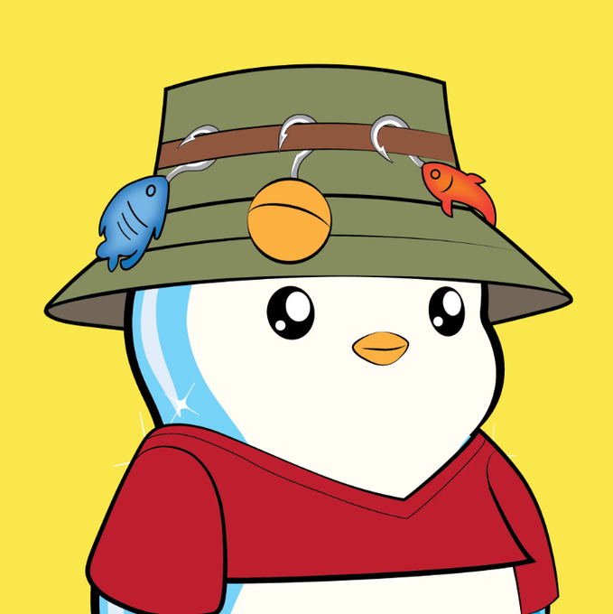 A cartoon illustration features a cute white bird character wearing a red hoodie and an olive-green bucket hat decorated with fishing lures and bobbers against a yellow background.