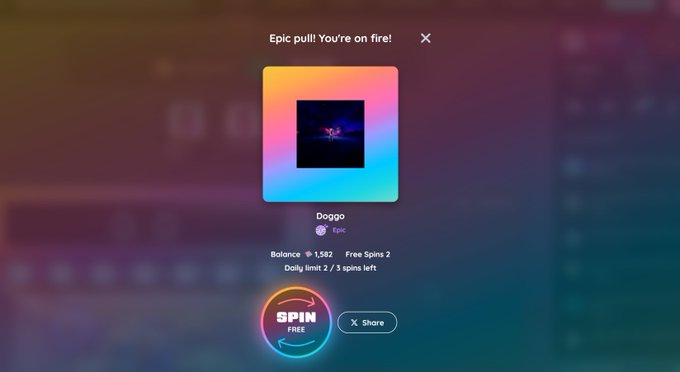 A pop-up screen displaying an 'Epic pull! You're on fire!' message with an NFT called 'Doggo' marked as Epic, showing a balance of 1,582 and 2 free spins remaining.