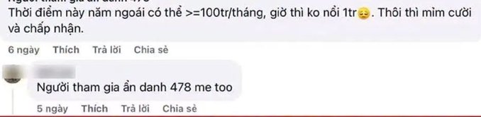 A social media comment in Vietnamese mentioning job applicants from outside their field earning over 100 million VND/month, with another user noting 478 mothers participated.