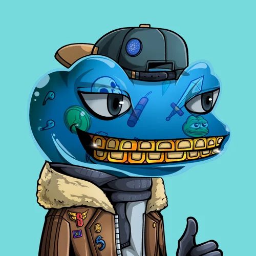 A cartoon blue toad wearing a backwards cap, brown fur-lined jacket with patches, and featuring gold grillz gives a thumbs up, matching the cheerful "GM" Sunday greeting vibe.