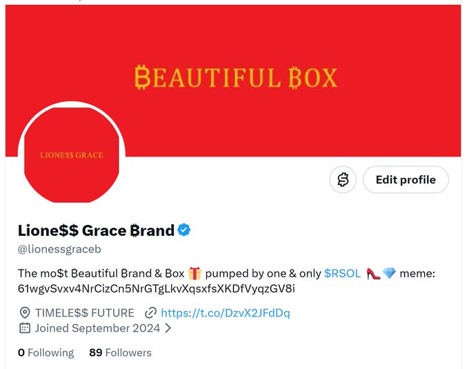 Twitter/X profile for 'Lione$$ Grace Brand' (@lionessgraceb) with a red banner reading 'BEAUTIFUL BOX', a bio stating 'The mo$t Beautiful BRand & Box 🎁 pumped by one & only $RSOL', and 'TIMELES$ FUTURE', joined September 2024, with 89 followers.