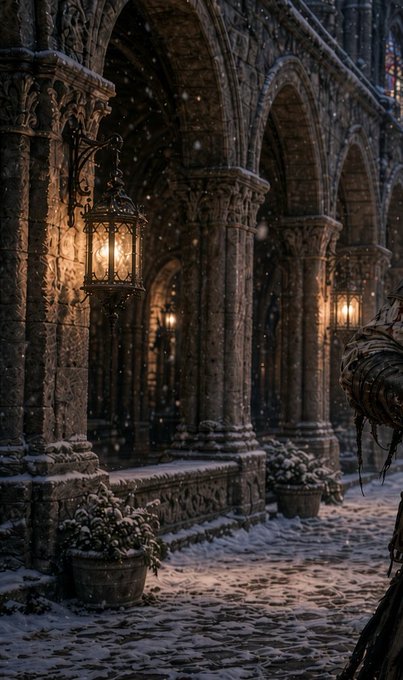A digital artwork depicts a snowy, medieval-style stone cloister with arched walkways, glowing lanterns, and snow-dusted potted plants.