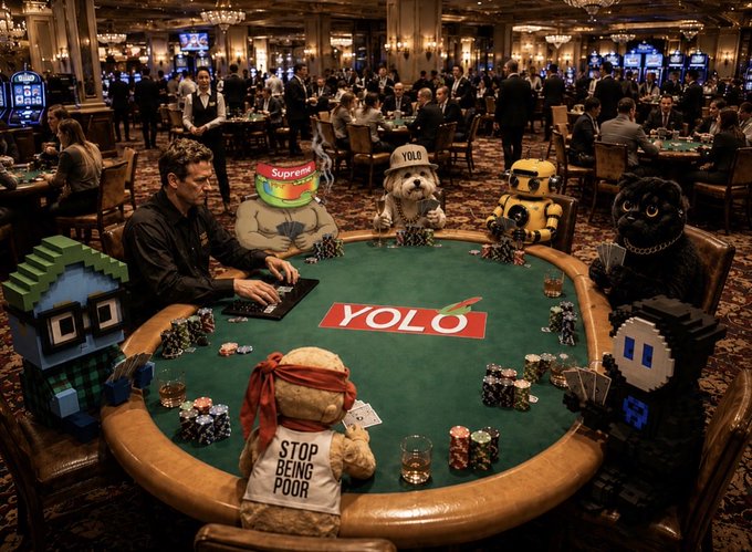 Dealer at a green felt poker table surrounded by characters including a robot, pixel art figures, and stuffed animals with shirts reading 'Supreme', 'YOLO', and 'STOP BEING POOR' in a casino setting.