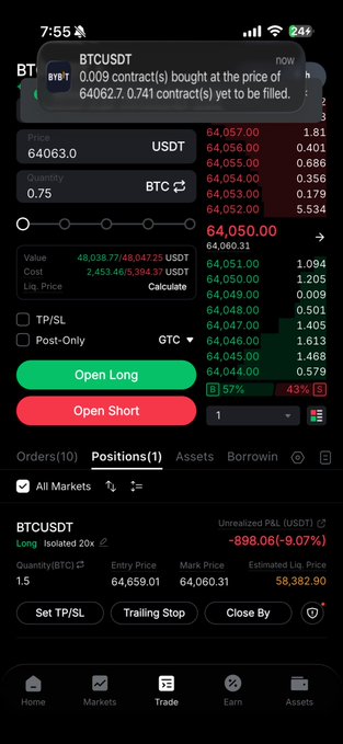 A screenshot of a crypto trading app showing a BTCUSDT long position with 1.5 BTC (increased by 0.75 BTC) at an entry price of 64,659.01, currently displaying an unrealized loss of -898.06 USDT (-9.07%) as the market price sits at 64,050.00.