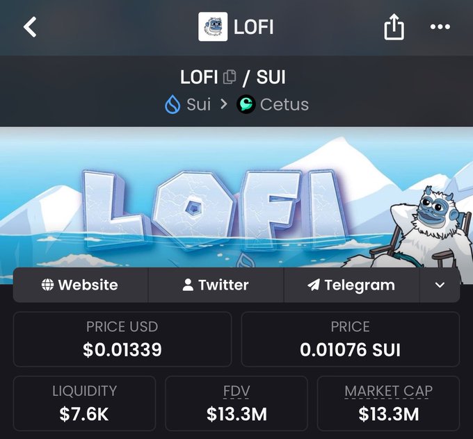 A cryptocurrency price tracker screen for LOFI on the Sui network, showing a price of $0.01339 USD (0.01076 SUI), liquidity of $7.6K, and market cap of $13.3M.