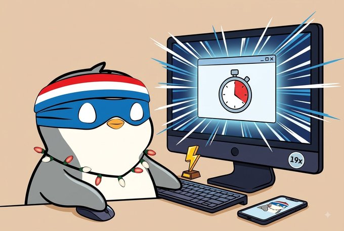 A cartoon penguin wearing a red, white, and blue striped headband and Christmas lights, sitting at a keyboard in front of a computer monitor displaying a stopwatch icon, with a '19x' badge visible.