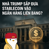 The image shows World Liberty Trust Company at a government-looking building beside a gold Stablecoin symbol. The Vietnamese headline reads: “NHÀ TRUMP SẮP ĐƯA STABLECOIN VÀO NGÂN HÀNG LIÊN BANG?” (“Is the Trump family about to bring stablecoin into the federal banking system?”), referencing conditional preliminary OCC approval for a World Liberty Financial affiliate.