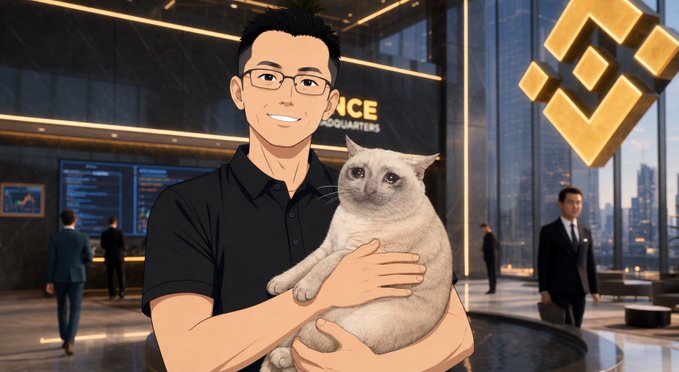 An anime-style illustration of a man holding a gray cat, with a Binance logo visible in the background at what appears to be a Binance headquarters lobby.
