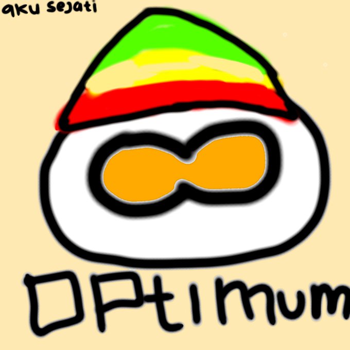 A cartoonish, hand-drawn logo features a white infinity-shaped figure topped with a colorful pointed hat (green, yellow, red), with the text 'aku sejati' in the upper left and 'OPtimum' written at the bottom.