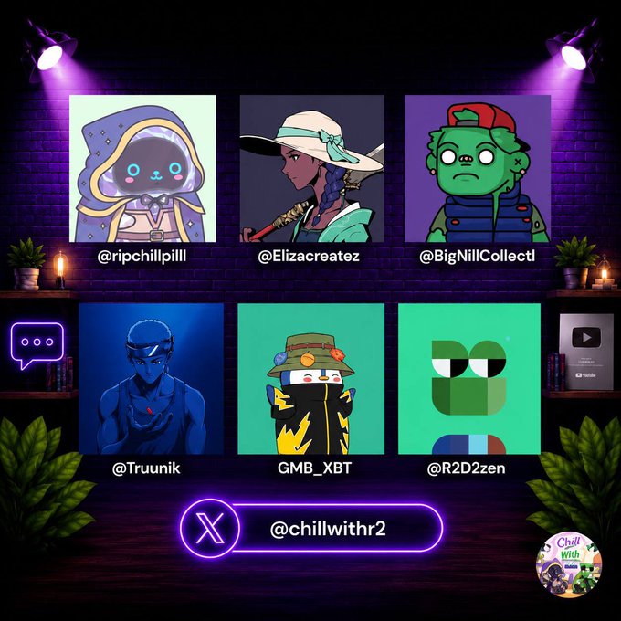 A promotional graphic featuring six guest artist avatars (@ripchillpill, @Elizacreatez, @BigNillCollect1, @Truunik, GMB_XBT, @R2D2zen) set against a neon-lit purple studio backdrop, with the host handle @chillwithr2 and a "Chill With R2" logo at the bottom. The image appears to announce a live stream featuring these artists, likely coinciding with the post's discussion of crypto meme coins, tokenised stocks, and the Clarity Act.