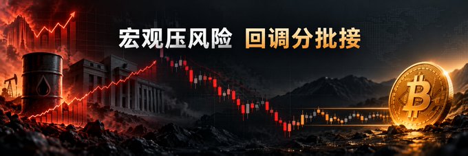 A graphic showing a dramatic red downward trending stock chart next to a gold Bitcoin coin, with Chinese text reading "宏观压风险 回调分批接" at the top.
