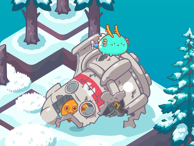 This image depicts two adorable Axies sitting on a broken, possibly alien, structure in a snowy, winter biome, illustrating the "land items" mentioned in the post that enhance game rewards.
