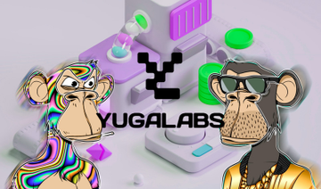 Promotional graphic for 'YUGALABS' featuring two cartoon monkey characters, one wearing sunglasses and a gold chain, set against a 3D isometric background with a stylized 'Y' logo.