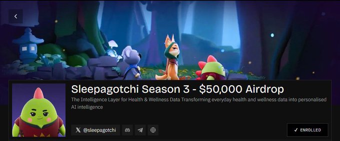 A digital promotional graphic for "Sleepagotchi Season 3 - $50,000 Airdrop" featuring cartoon characters in a forest setting, with the handle @sleepagotchi and an "ENROLLED" button.
