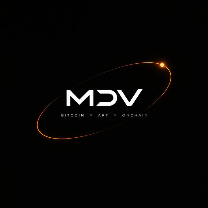 A black logo screen featuring 'MDV' with the tagline 'BITCOIN x ART x ONCHAIN' encircled by an orange glowing orbit line.