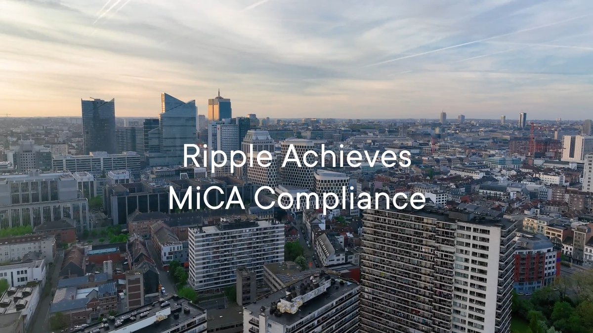 The image shows an aerial cityscape of a European urban area with the overlaid text "Ripple Achieves MiCA Compliance." The text on the image directly corresponds to the post's topic, highlighting Ripple's regulatory milestone in aligning with the EU's Markets in Crypto-Assets (MiCA) framework, while the accompanying caption emphasizes the practical benefit: enabling institutions to operate under a single contract across the 30 EEA countries.