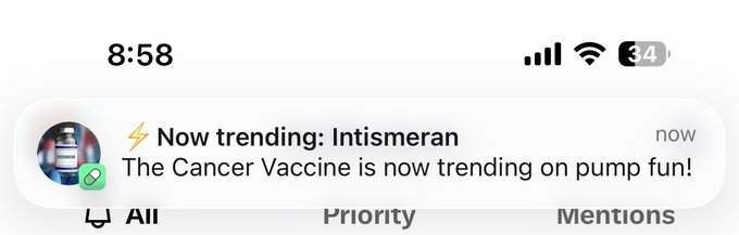 An iPhone notification at 8:58 from Pump.fun announces "Now trending: Intismeran — The Cancer Vaccine is now trending on pump fun!" The notification directly supports the post's suggestion to scalp the trending Intismeran coin on Pump.fun.