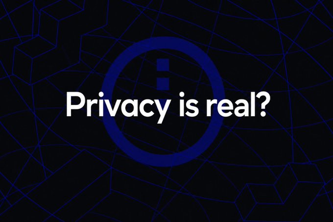A dark graphic with geometric line patterns displays the text 'Privacy is real?' in white letters next to a stylized exclamation point icon.