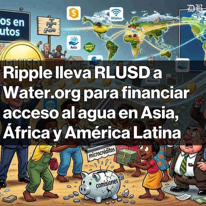 The image features a cartoon depiction of people holding up money, with the text "Ripple y Water.org unen fuerzas para llevar agua a millones. La campaña Get Blue busca acceder a agua segura en Asia, África y América Latina". The image is related to the post because it promotes Ripple, an organization that uses cryptocurrency to provide access to clean water in developing countries.