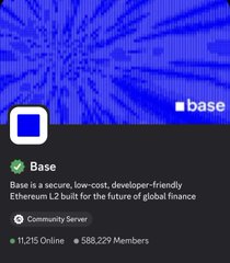 A social media post about Base blockchain describes it as 'a secure, low-cost, developer-friendly Ethereum L2 built for the future of global finance' with 11,215 online and 588,229 members.