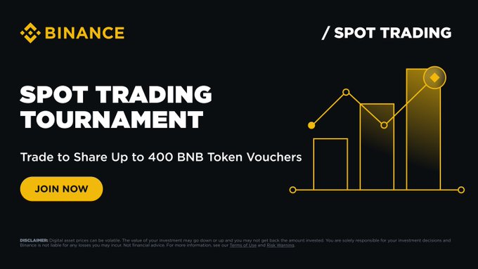 A Binance promotional banner for the Spot Trading Tournament, featuring the Binance logo and yellow bar/line chart graphic, advertising a chance to share up to 400 BNB token vouchers. The "JOIN NOW" call-to-action and tournament messaging align with the post's invitation to participate in Season 4 of the competition.