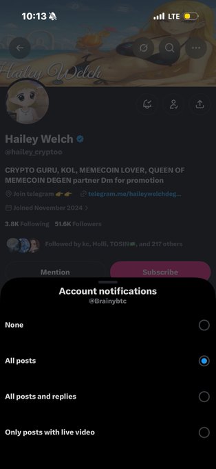 A mobile screenshot of the Hailey Welch (@haileycrypto) profile, described as 'CRYPTO GURU, KOL, MEMECOIN LOVER, QUEEN OF MEMECOIN DEGEN', with an 'Account notifications' menu open.
